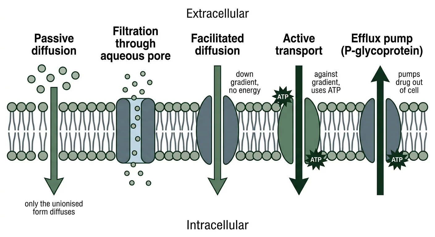 Figure 1 — Mechanisms of drug transport across the cell membrane