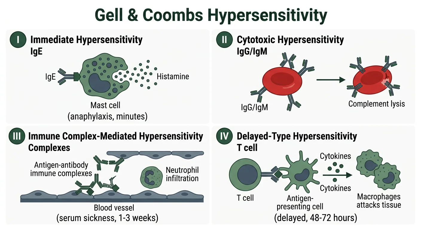 Figure 2 — Gell & Coombs hypersensitivity mechanisms I–IV