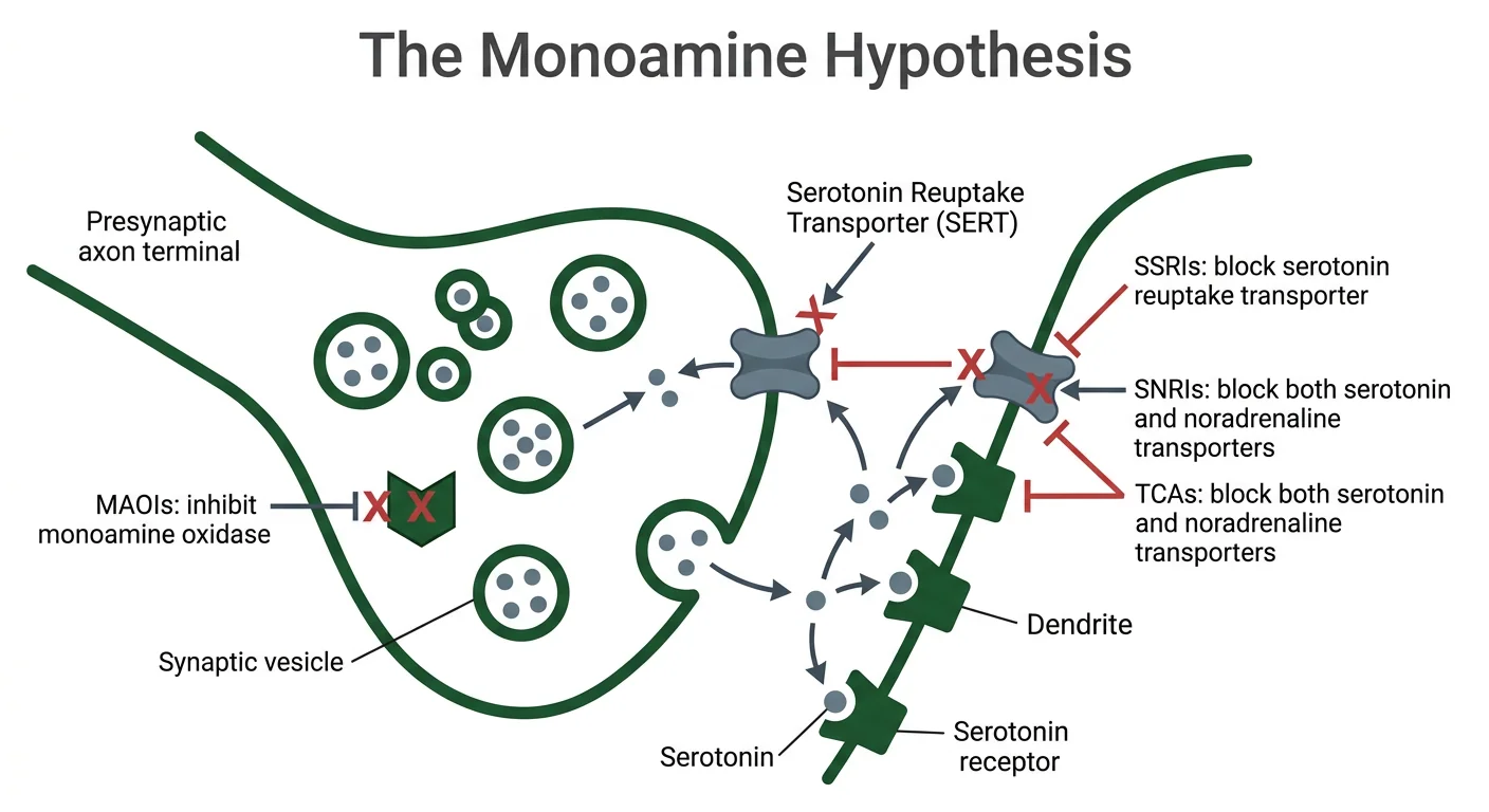 Figure 1 — The monoamine hypothesis and antidepressant targets