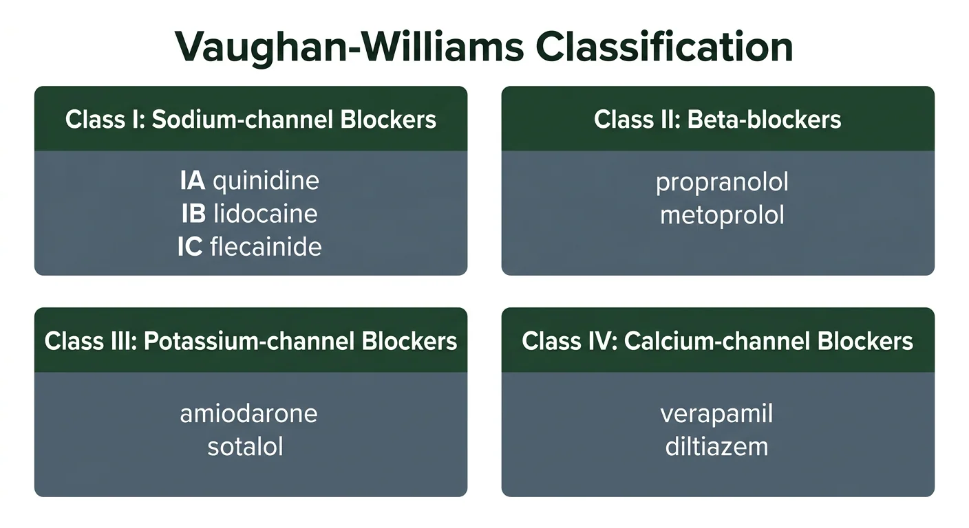 Four-panel Vaughan-Williams classification with prototype drugs