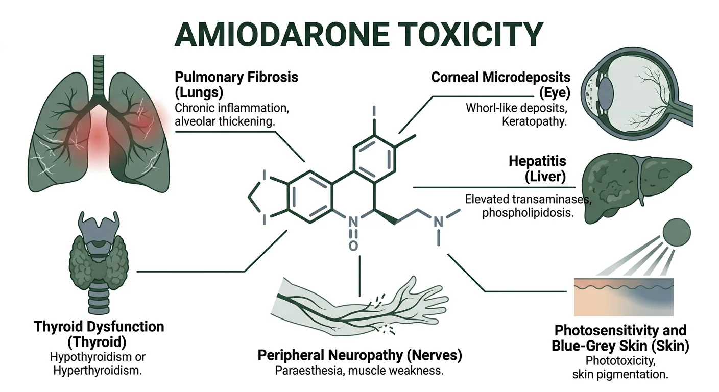 Pulmonary, thyroid, ocular, hepatic, cutaneous and neurological toxicities of amiodarone