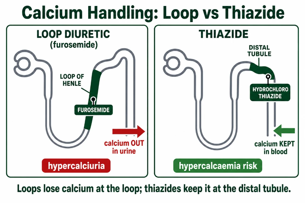Side-by-side cellular diagrams comparing the calcium-wasting effect of Loop diuretics in the TAL (loss of lumen-positive potential abolishes paracellular Ca2+ drive) with the calcium-sparing effect of Thiazides in the DCT (NCCT blockade stimulates basolateral NCX1 and apical TRPV5 calcium entry)