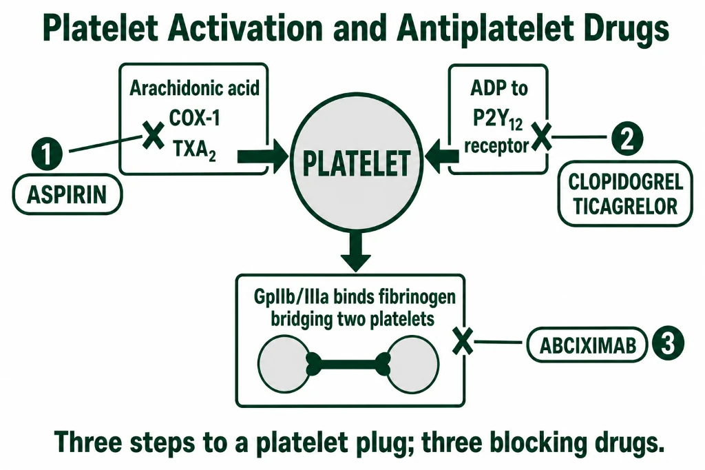 Illustration of platelet activation pathways showing mechanism of action of Aspirin on COX-1, Clopidogrel and Ticagrelor on P2Y12 ADP receptors, and Abciximab on GpIIb/IIIa receptors