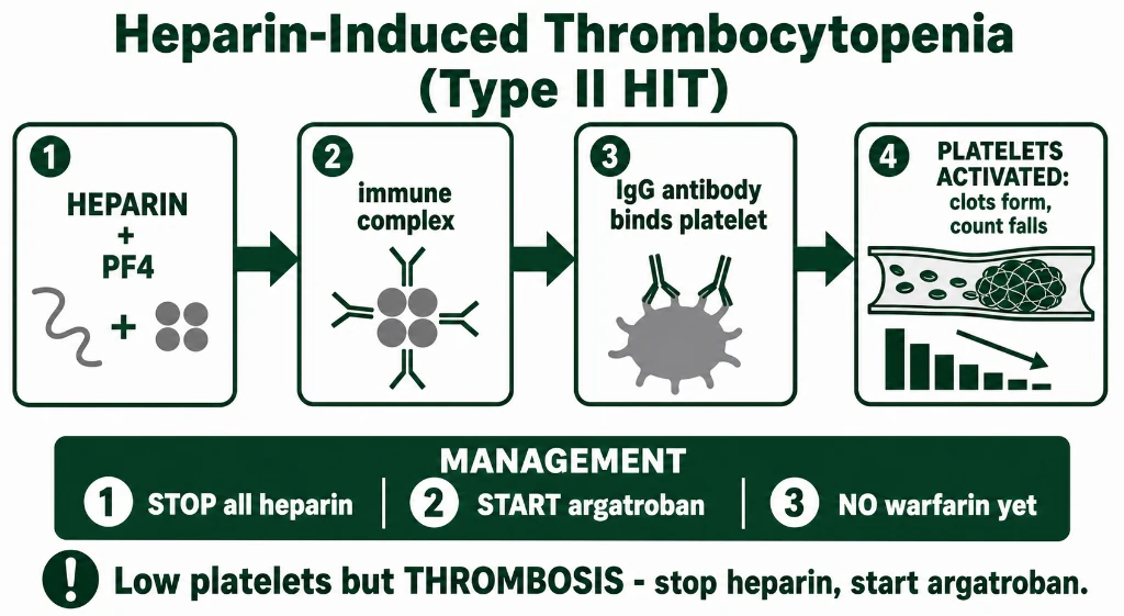 Pathway diagram of Type II HIT showing PF4-heparin-IgG complex binding platelet Fc receptors, causing platelet activation and thrombosis, with immediate management algorithm
