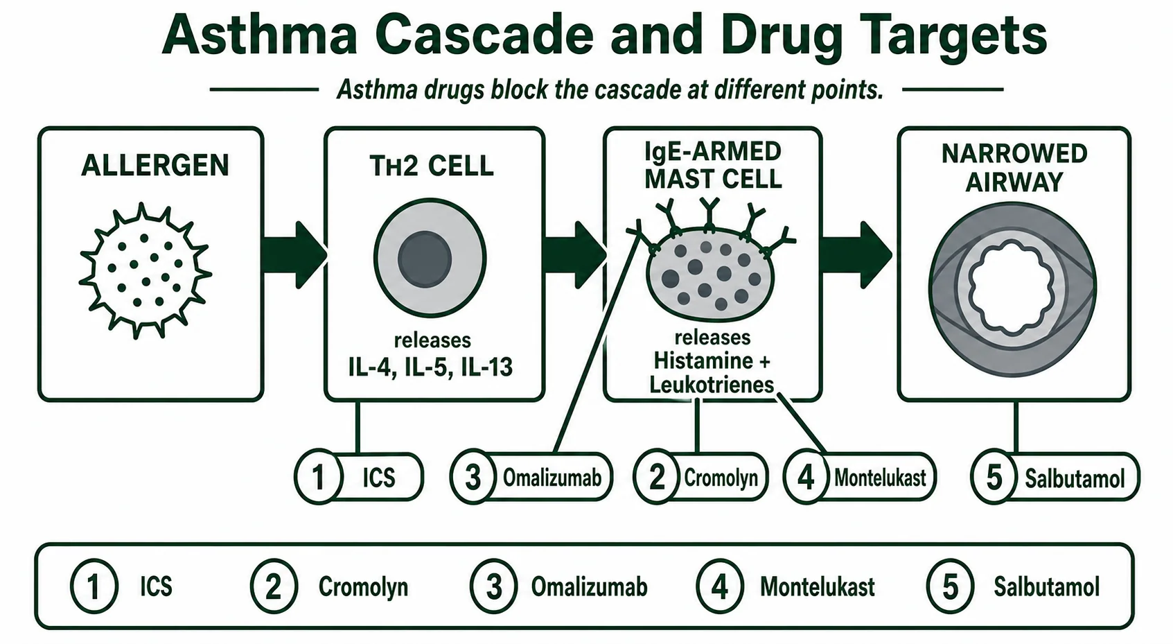 Asthma pathophysiology and inflammatory cascade with drug targets